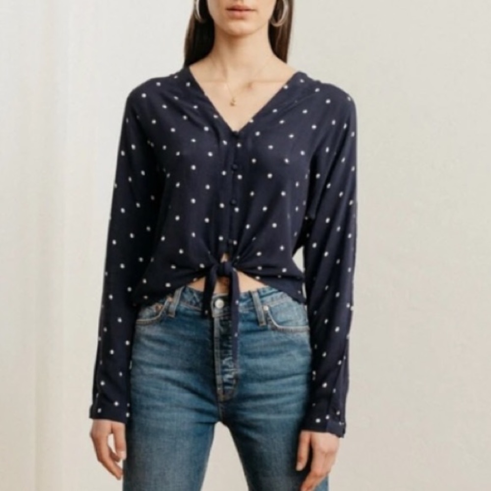 Rails Navy Polka Dot Sloan Button Tie Blouse Top